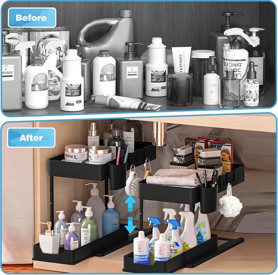 YONO Gootsteenkast Organizer Uitschuifbaar - Hoogte Verstelbaar - Keukenkast Rek - Gootsteenrek - Zwart