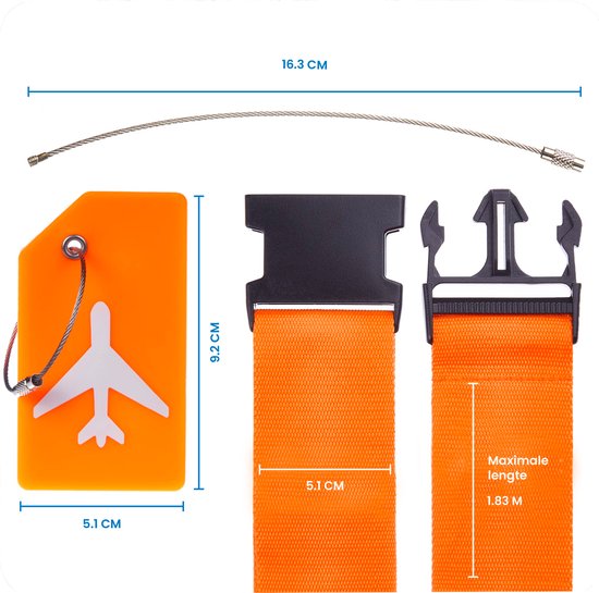 YONO Kofferriem met Kofferlabel - 2 Kofferband en 2 Bagagelabel - Dubbele Bagage Riem Verstelbaar - 4 Pack - Oranje