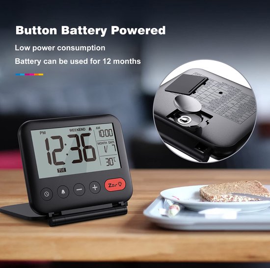 YONO Reiswekker Digitaal met Alarm - Klok met Temperatuur en Datum - Compact en Opvouwbaar voor Reizen - Zwart