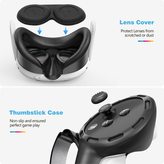 YONO Accessoires Set geschikt voor Meta Quest 3 - Grip Case Controller - Siliconen Cover Face en VR Bril - Oculus - 9in1 - Zwart