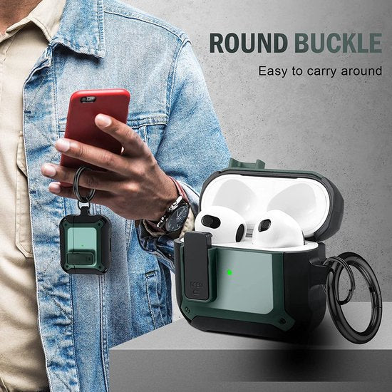YONO Armor Hoesje geschikt voor Apple Airpods 3 (3e Generatie) - Hard Case met Lock en Clip - Donkergroen