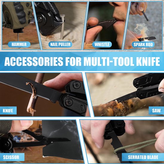 YONO Multitool Zakmes 20in1 - Multifunctioneel Survival Mes en Tang - Gereedschap Outdoor - Jachtmes - RVS - Zwart