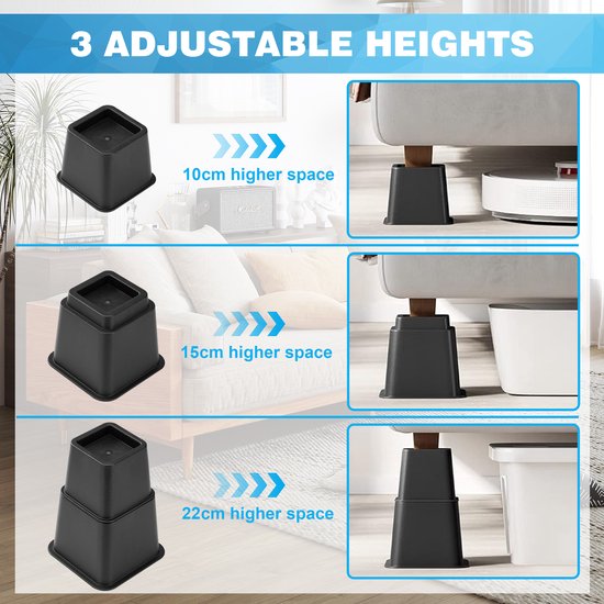 YONO Meubelverhogers - 8 Verhogers Stapelbaar - Bedverhoger - Tafelverhoger - Tafelpoot - Meubel Verhoger - Zwart