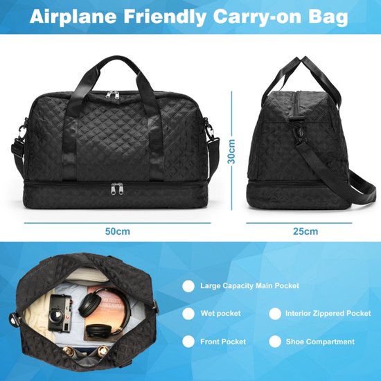 YONO Reistas Handbagage - Weekendtas 50x30x25 - Duffel Bag - Dames - Heren - Zwart