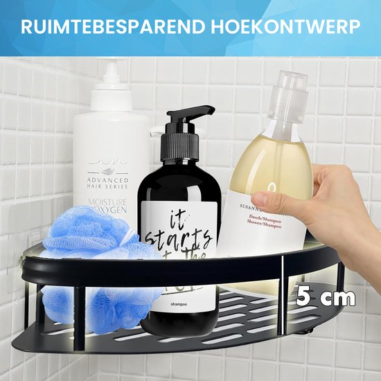 YONO Doucherek Hoek - Hangend zonder Boren - Zelfklevend Badkamer Rekje - 2 Laags - Zwart
