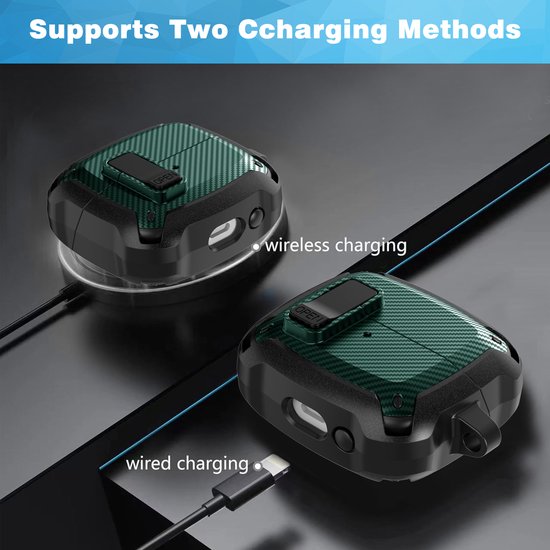 YONO Armor Hard Case geschikt voor Samsung Galaxy Buds 3 - 3 Pro - Hoesje met Lock - Carbon Design - Donkergroen