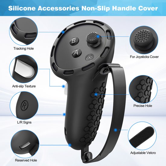 YONO Accessoires Set geschikt voor Meta Quest 3 - Grip Case Controller - Siliconen Cover Face en VR Bril - Oculus - 9in1 - Zwart