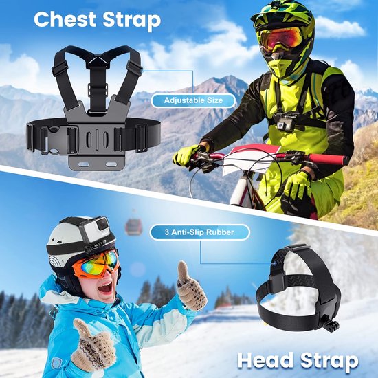 YONO Accessoires Set 50in1 geschikt voor GoPro Hero 13 12 11 10 - DJI Osmo - Insta360 - Chest Mount - Stick - Tas - Hoofdband