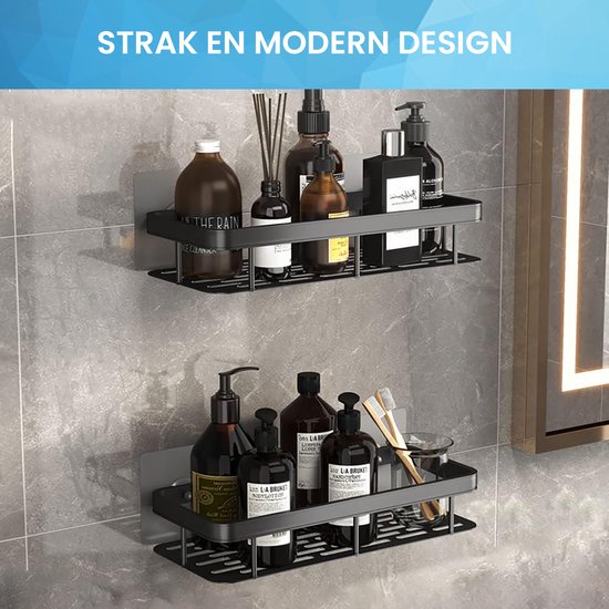 YONO Doucherek Wand - Hangend zonder Boren - Zelfklevend Badkamer Rekje - 2 Laags - Zwart