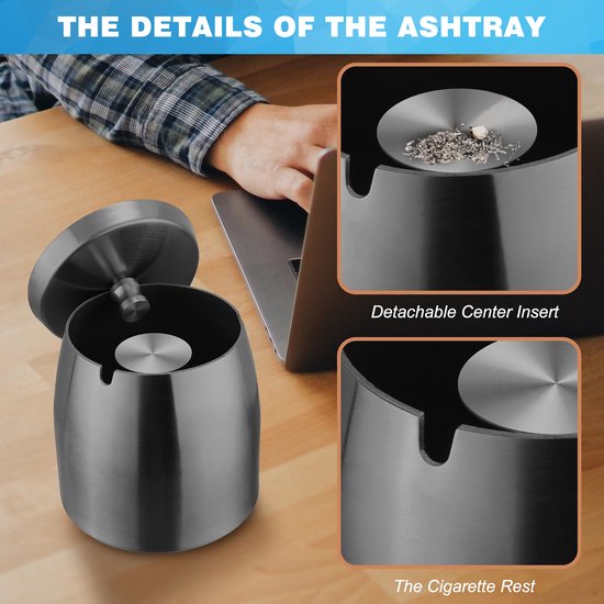 YONO Metalen Asbak met Deksel - voor Buiten en Binnen - RVS - Zwart