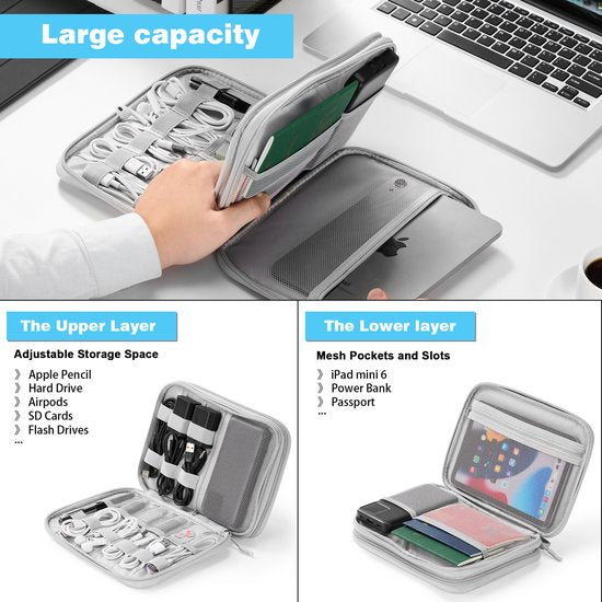 YONO Kabel Organiser Tas - Kabeltas - Organizer Etui - Opbergtas voor Kabels en Accessoires - Grijs
