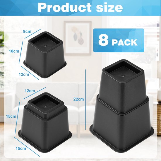 YONO Meubelverhogers - 8 Verhogers Stapelbaar - Bedverhoger - Tafelverhoger - Tafelpoot - Meubel Verhoger - Zwart