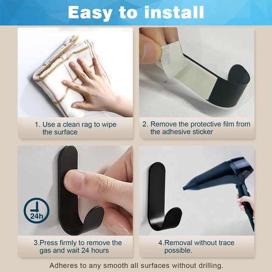 YONO Ophanghaken Zelfklevend Pro - Plakhaakjes - Ophanghaakjes - Haak voor Wand - Muur - Deur - 5 Stuks - Zwart