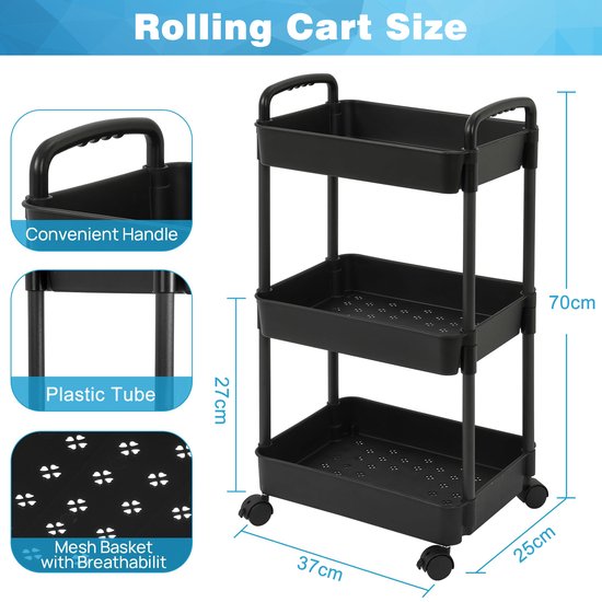 YONO keukentrolley op Wieltjes - Keuken Trolley op Wielen - Opberg Kar Organizer - Zwart