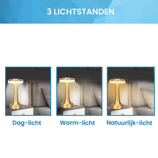 YONO Tafellamp Oplaadbaar - Lamp met Touch Functie - Slaapkamer - Woonkamer - Goud