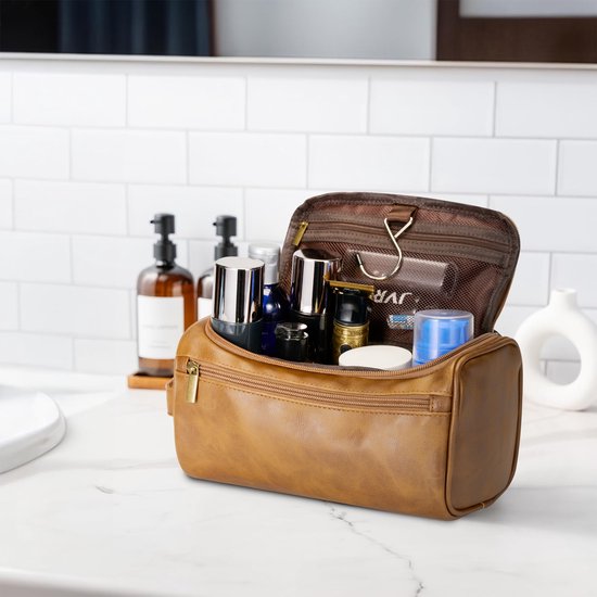 YONO Toilettas Heren - Toiletzak met Haak - Kunstleer - Travel Organizer Mannen - Bruin