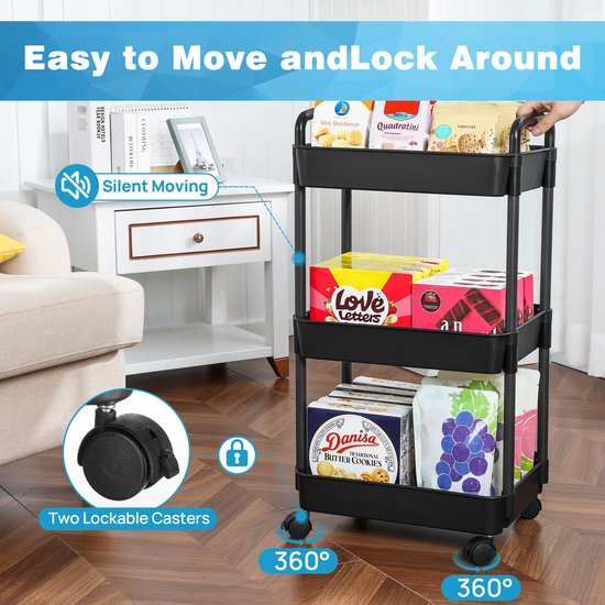 YONO keukentrolley op Wieltjes - Keuken Trolley op Wielen - Opberg Kar Organizer - Zwart