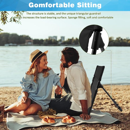 YONO Strandstoel Opvouwbaar - Vloerstoel Inklapbaar met Rugleuning - Campingstoel - Vouwstoel - Zwart