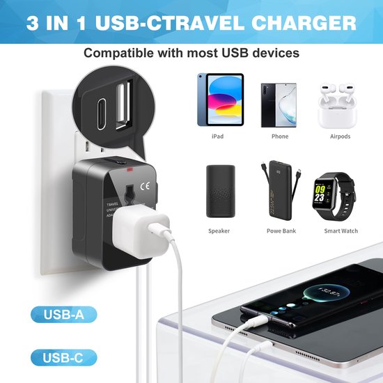 YONO Reisstekker - Wereldstekker Universeel - USB-C en USB-A Reis Adapter - 150+ Landen - Amerika USA - Zuid Amerika - Engeland UK - Azië - Europa - Afrika - Thailand - Type G A - Zwart