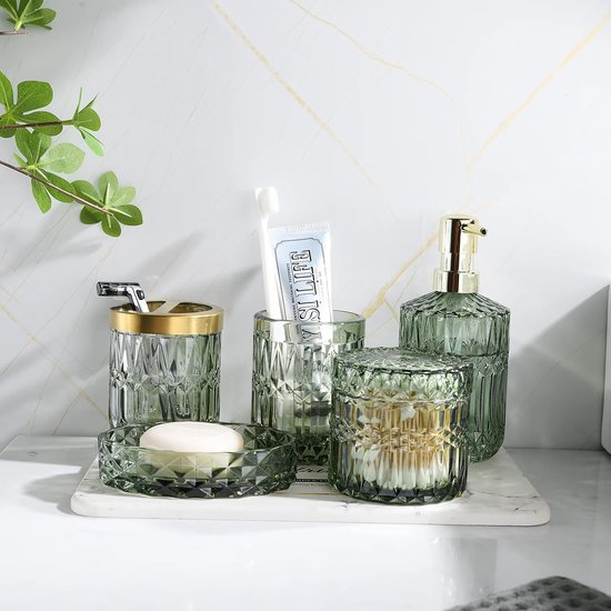 YONO Badkamer Accessoires Set - Gehard Glas - Zeeppompje - Zeepbakje - Tandenborstel Houder - Beker - Groen
