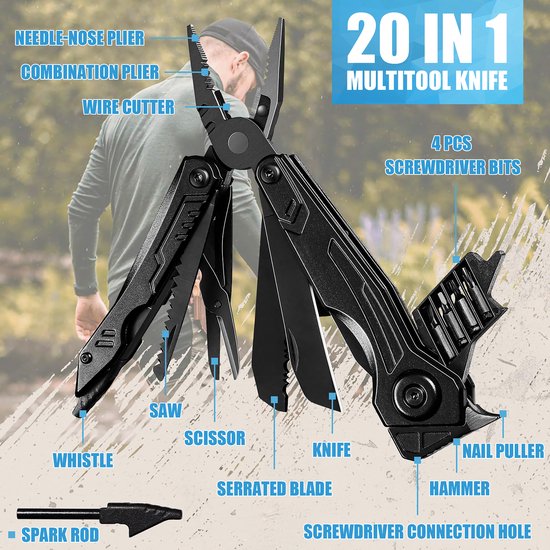 YONO Multitool Zakmes 20in1 - Multifunctioneel Survival Mes en Tang - Gereedschap Outdoor - Jachtmes - RVS - Zwart