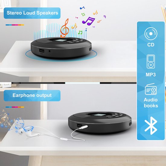 YONO Discman Bluetooth - Draagbare CD Speler - Portable met Oortjes - MP3 - Zwart