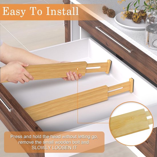 YONO Ladeverdeler Verstelbaar - Lade Organizer Verdeler Uitschuifbaar - 4 stuks - Keuken - Badkamer - Bamboe - 32.5cm