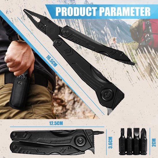 YONO Multitool Zakmes 20in1 - Multifunctioneel Survival Mes en Tang - Gereedschap Outdoor - Jachtmes - RVS - Zwart