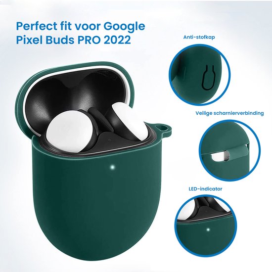 YONO Hoesje geschikt voor Google Pixel Buds Pro (2022) - Siliconen Draadloze Oordopjes Case met Clip – Donkergroen