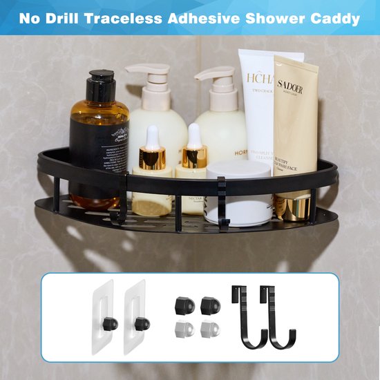 YONO Doucherek Hoek - Hangend zonder Boren - Zelfklevend Badkamer Rekje - 2 Laags - Zwart