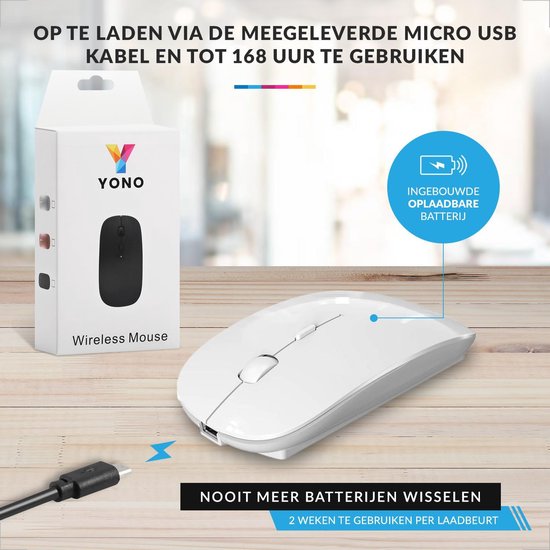 YONO Draadloze Muis met Bluetooth - Oplaadbaar - Geschikt voor Laptop, PC en Mac - Wit