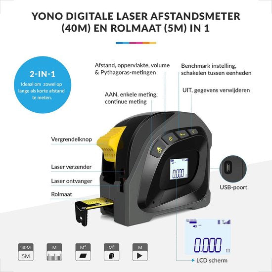YONO Laser Afstandsmeter – Lasermeter 40 Meter met Rolmaat – Digitaal