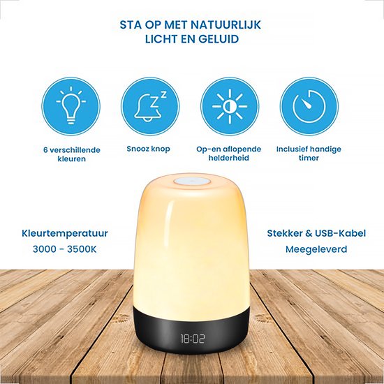 YONO Wake Up Light - Lichtwekker - Digitale Wekker - met 7 Natuurgeluiden - Slaapkamer - Zwart