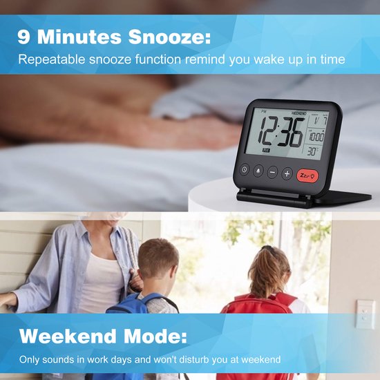 YONO Reiswekker Digitaal met Alarm - Klok met Temperatuur en Datum - Compact en Opvouwbaar voor Reizen - Zwart
