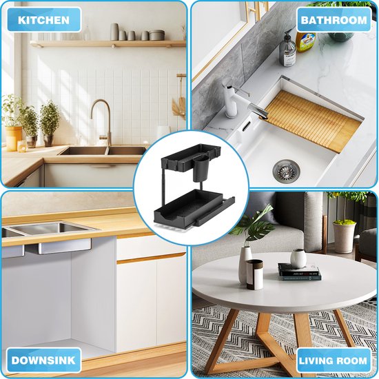 YONO Gootsteenkast Organizer Uitschuifbaar - Hoogte Verstelbaar - Keukenkast Rek - Gootsteenrek - Zwart