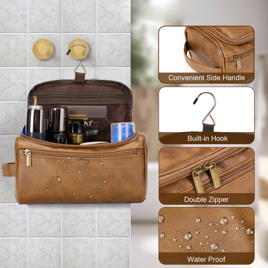 YONO Toilettas Heren - Toiletzak met Haak - Kunstleer - Travel Organizer Mannen - Bruin