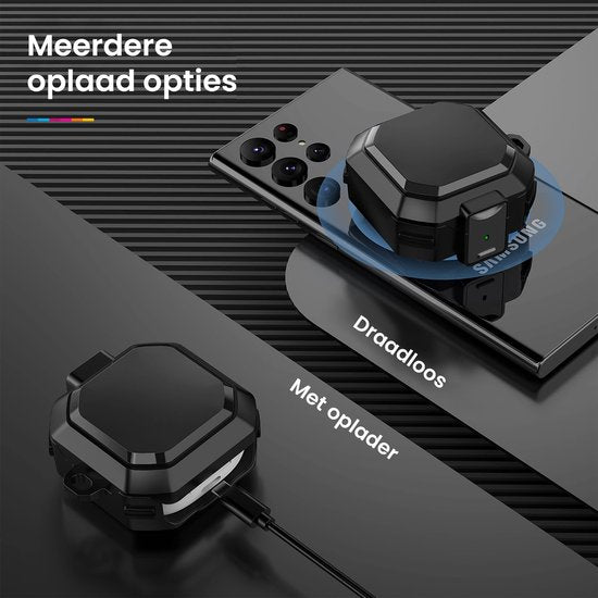 YONO Armor Hard Case geschikt voor Samsung Galaxy Buds 2 Pro (2022) - Galaxy Buds Pro (2021) - Galaxy Buds 2 (2021) - Galaxy Buds Live (2020) - Hoesje met Lock en Clip - Zwart