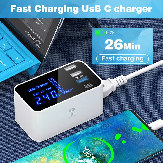 YONO Usb Lader met Voeding - Super Oplader - 4 Poorten - Usb A - C - Hub met Stekker - Wit