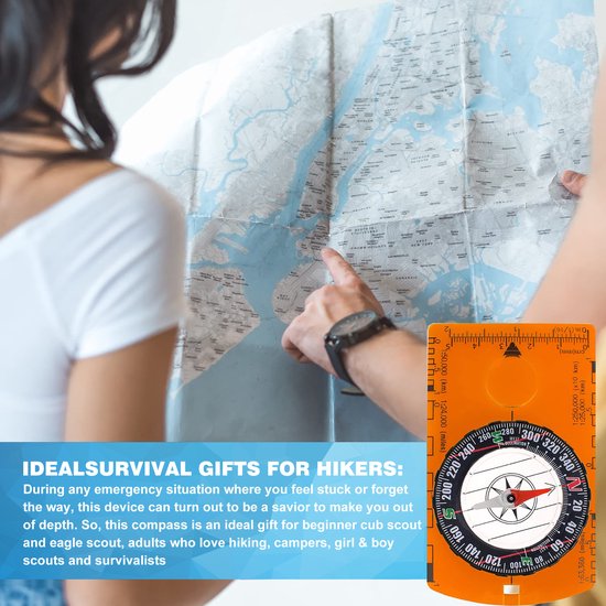 YONO Plaatkompas - Kaartkompas - Kompas met Liniaal en Vergrootglas - Waterdicht - Oranje