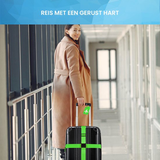 YONO Kofferriem met Kofferlabel - 2 Kofferband en 2 Bagagelabel - Dubbele Bagage Riem Verstelbaar - 4 Pack - Groen