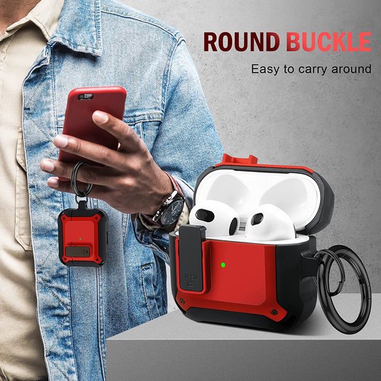 YONO Armor Hoesje geschikt voor Apple Airpods 3 (3e Generatie) - Hard Case met Lock en Clip - Rood