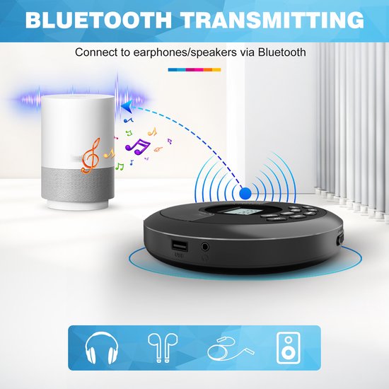 YONO Discman Bluetooth - Draagbare CD Speler - Portable met Oortjes - MP3 - Zwart