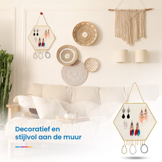 YONO Sieradenrekje Hexagoon - Hangend Rekje voor Opbergen Oorbellen / Ketting / Armband - Houder Display Rekje - Goud