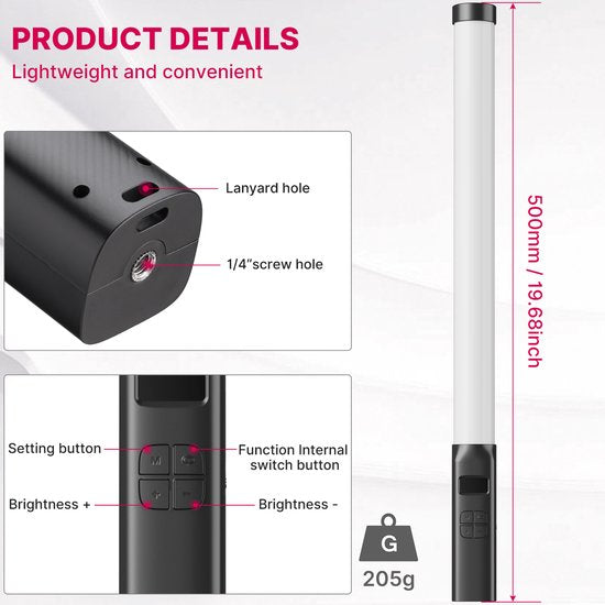 Ulanzi VL119 RGB Tube Light XL met handvat - 50 cm - Stream lamp - RGB lightpainting - 2.000 mAh batterij - 20 lichtscenes - Zwart