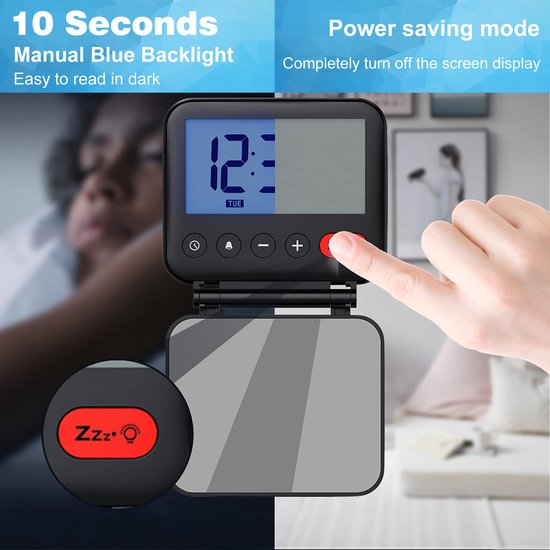 YONO Reiswekker Digitaal met Alarm - Klok met Temperatuur en Datum - Compact en Opvouwbaar voor Reizen - Zwart