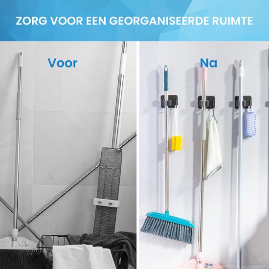 YONO Bezemhouder Ophangsysteem Zelfklevend - Bezem Houder met Haak - Haakjes 4 Stuks - Klem voor Stelen en Borstels - Plakhaakjes - Wandhaakjes - Tuingereedschap - Zwart