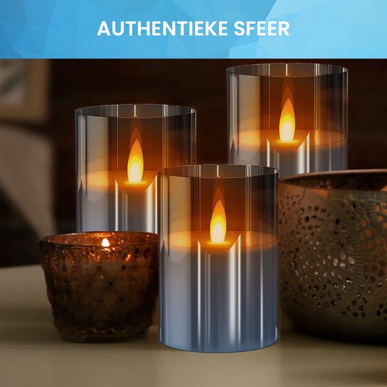 YONO Led Kaarsen met Bewegende Vlam - 3 Stuks - Afstandsbediening - Timer - Dimfunctie - Dinerkaarsen - Flikkerende Kaars op Batterijen - Rookglas