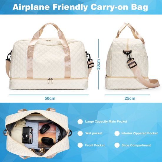 YONO Reistas Handbagage - Weekendtas 50x30x25 - Duffel Bag - Dames - Heren - Beige Champagne