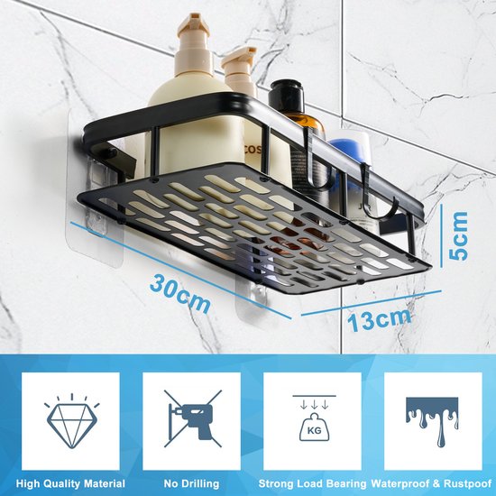 YONO Doucherek Wand - Hangend zonder Boren - Zelfklevend Badkamer Rekje - 2 Laags - Zwart
