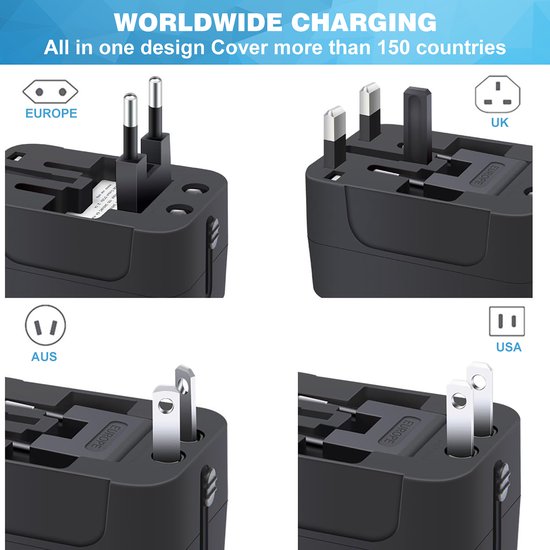 YONO Reisstekker - Wereldstekker Universeel - USB-C en USB-A Reis Adapter - 150+ Landen - Amerika USA - Zuid Amerika - Engeland UK - Azië - Europa - Afrika - Thailand - Type G A - Zwart
